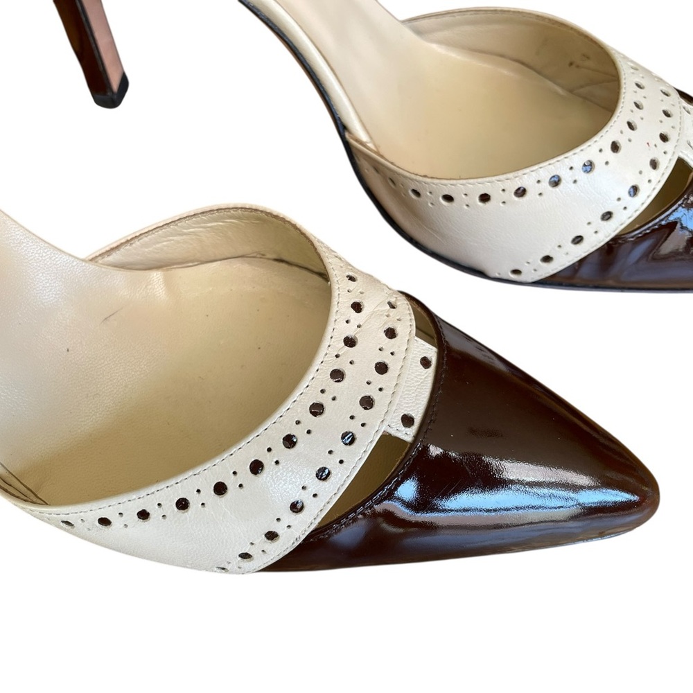 Anne Klein Genuine Leather Brown & Cream Pointed Spectator Ankle-Strap Pumps 8.5 - Picture 3 of 16